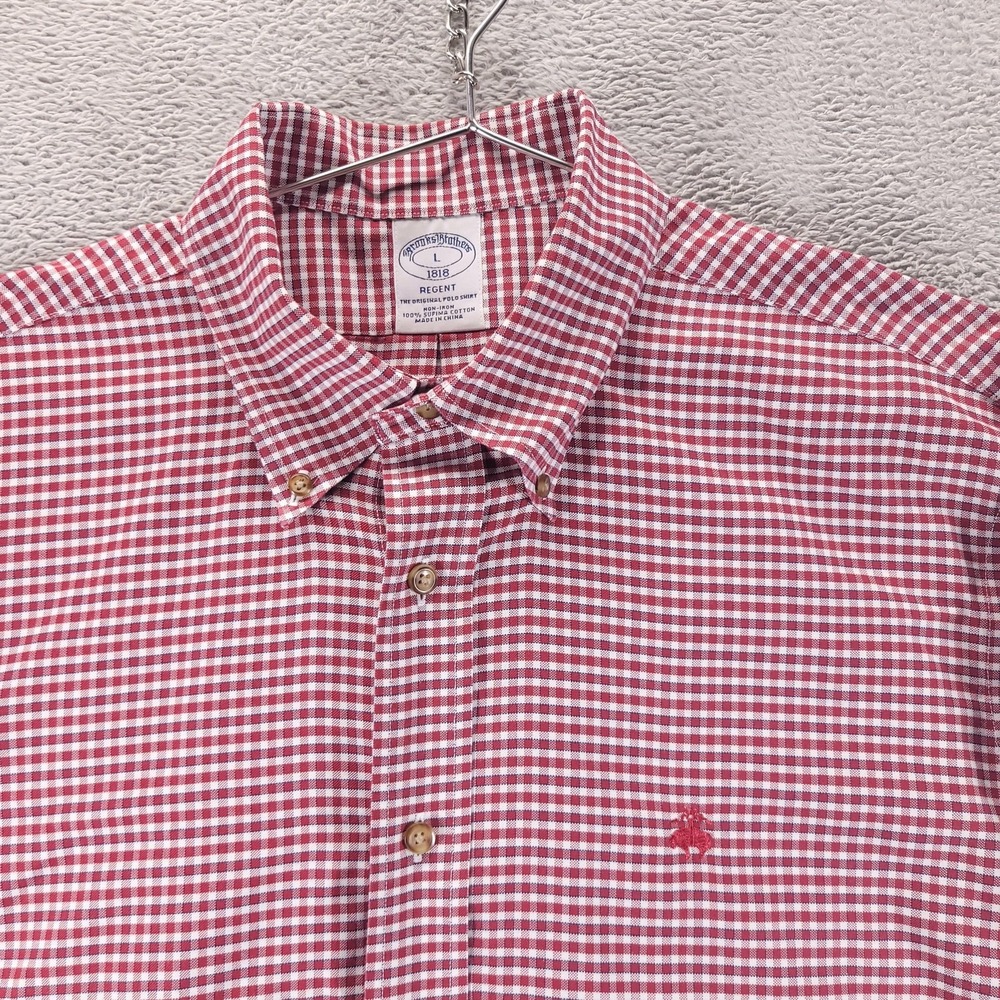 Brooks Brothers Dress Shirt Mens L Red Gingham Regent Non Iron Supima Cotton